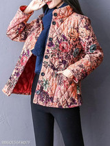 Band Collar Single Breasted Floral Coat