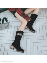 Plain Chunky Mid Heeled Velvet Round Toe Date Outdoor Mid Calf High Heels Boots