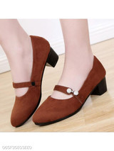 Plain Chunky Mid Heeled Velvet Round Toe Date Office Pumps