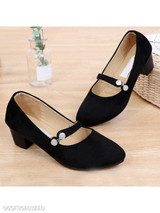 Plain Chunky Mid Heeled Velvet Round Toe Date Office Pumps