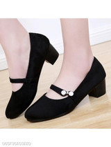Plain Chunky Mid Heeled Velvet Round Toe Date Office Pumps