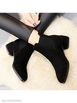 Plain Chunky Mid Heeled Velvet Round Toe Date Office Ankle Boots