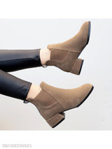 Plain Chunky Mid Heeled Velvet Round Toe Date Office Ankle Boots