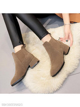 Plain Chunky Mid Heeled Velvet Round Toe Date Office Ankle Boots