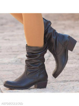 Plain Chunky Mid Heeled Round Toe Date Outdoor Mid Calf High Heels Boots