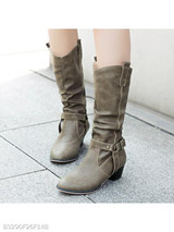 Plain Chunky Low Heeled Round Toe Date Outdoor Mid Calf Flat Boots