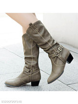 Plain Chunky Low Heeled Round Toe Date Outdoor Mid Calf Flat Boots