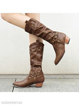 Plain Chunky Low Heeled Round Toe Date Outdoor Mid Calf Flat Boots