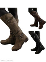Plain Chunky Low Heeled Round Toe Casual Date Flat Boots