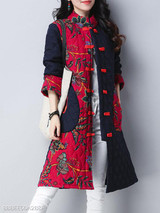 Band Collar Patchwork Floral Coat