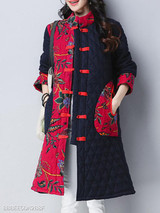 Band Collar Patchwork Floral Coat