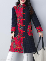 Band Collar Patchwork Floral Coat