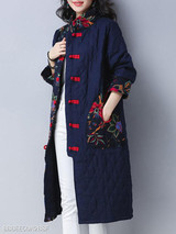 Band Collar Patchwork Floral Coat