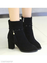 Plain Chunky High Heeled Velvet Point Toe Date Outdoor Short High Heels Boots