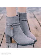 Plain Chunky High Heeled Velvet Point Toe Date Outdoor Short High Heels Boots