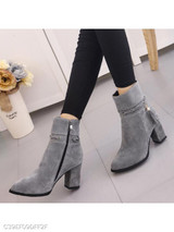 Plain Chunky High Heeled Velvet Point Toe Date Outdoor Short High Heels Boots