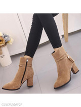 Plain Chunky High Heeled Velvet Point Toe Date Outdoor Short High Heels Boots