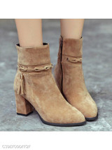 Plain Chunky High Heeled Velvet Point Toe Date Outdoor Short High Heels Boots