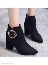 Plain Chunky High Heeled Velvet Point Toe Date Outdoor Short High Heels Boots