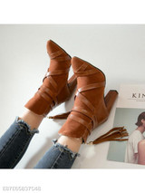 Plain Chunky High Heeled Velvet Point Toe Date Outdoor Short High Heels Boots
