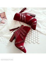 Plain Chunky High Heeled Velvet Point Toe Date Outdoor Short High Heels Boots