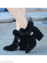 Plain Chunky High Heeled Velvet Point Toe Date Outdoor Short High Heels Boots