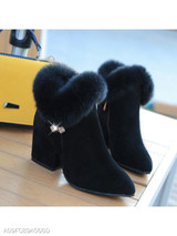 Plain Chunky High Heeled Velvet Point Toe Date Outdoor Short High Heels Boots