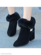 Plain Chunky High Heeled Velvet Point Toe Date Outdoor Short High Heels Boots