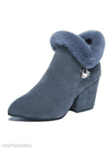 Plain Chunky High Heeled Velvet Point Toe Date Outdoor Short High Heels Boots