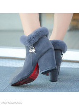 Plain Chunky High Heeled Velvet Point Toe Date Outdoor Short High Heels Boots
