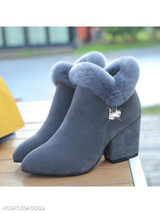 Plain Chunky High Heeled Velvet Point Toe Date Outdoor Short High Heels Boots