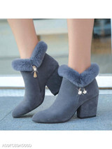 Plain Chunky High Heeled Velvet Point Toe Date Outdoor Short High Heels Boots