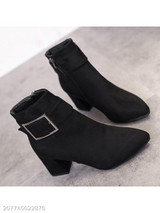 Plain Chunky High Heeled Velvet Point Toe Date Outdoor Short High Heels Boots