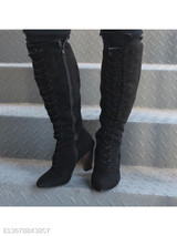 Plain Chunky High Heeled Velvet Round Toe Date Outdoor Knee High High Heels Boots