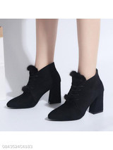 Plain Chunky High Heeled Velvet Point Toe Date Office Short High Heels Boots