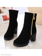 Plain Chunky High Heeled Velvet Round Toe Casual Date Short High Heels Boots