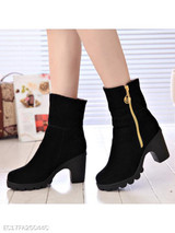 Plain Chunky High Heeled Velvet Round Toe Casual Date Short High Heels Boots
