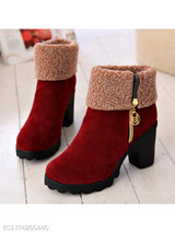 Plain Chunky High Heeled Velvet Round Toe Casual Date Short High Heels Boots