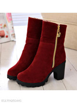 Plain Chunky High Heeled Velvet Round Toe Casual Date Short High Heels Boots