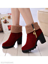Plain Chunky High Heeled Velvet Round Toe Casual Date Short High Heels Boots