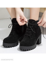 Plain Chunky High Heeled Velvet Criss Cross Round Toe Outdoor Ankle High Heels Boots