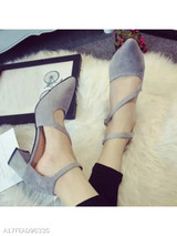 Plain Chunky High Heeled Velvet Ankle Strap Point Toe Date Office Pumps