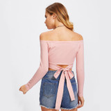 Off The Shoulder Laced Bow Long Sleeve T-shirt