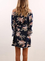 Polychrome Floral Off Shoulder Flared Sleeve Tie Waist Mini Dress