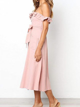 Pink Off Shoulder Ruffle Trim Button Placket Front Midi Dress
