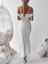 White V-neck Ruffle Trim Fishtail Hem Lace Bodycon Cami Maxi Dress