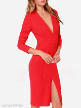 V Neck Slit Plain Bodycon Dress