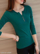 V Neck Single Breasted Plain Long Sleeve T-Shirts