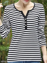 V Neck Single Breasted Stripes Long Sleeve T-Shirts