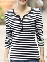 V Neck Single Breasted Stripes Long Sleeve T-Shirts